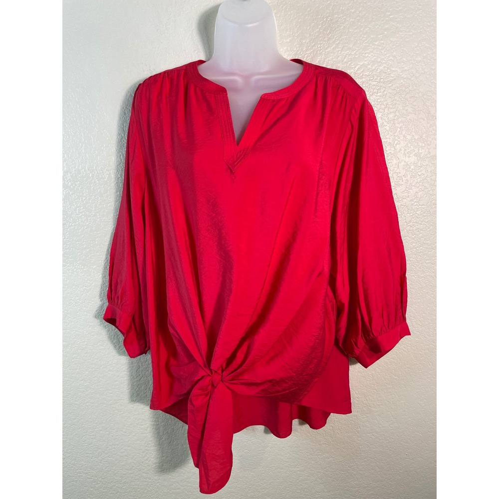 Chicos 1 US Medium Tie Front Top Red Cherry Lush 3/4 Sleeve V Neck Blouse NEW